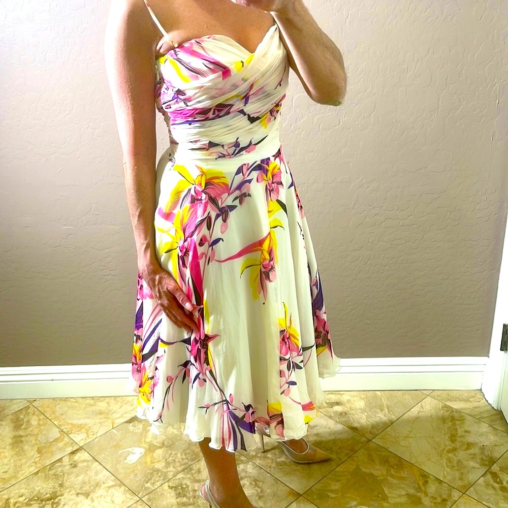 Versace Floral Chiffon Overlay Spaghetti Strap Fit and Flare Dress Size 0